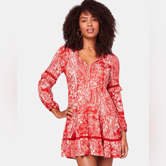 B.O.G Collective | Red | Small | Natalie Paprika Paisley Long Sleeve Mini Dress - Picture 1 of 13